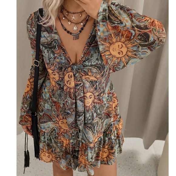 Plus All over print V neck Ruffle Hem Bell Sleeve Dress - Picture 1 of 5